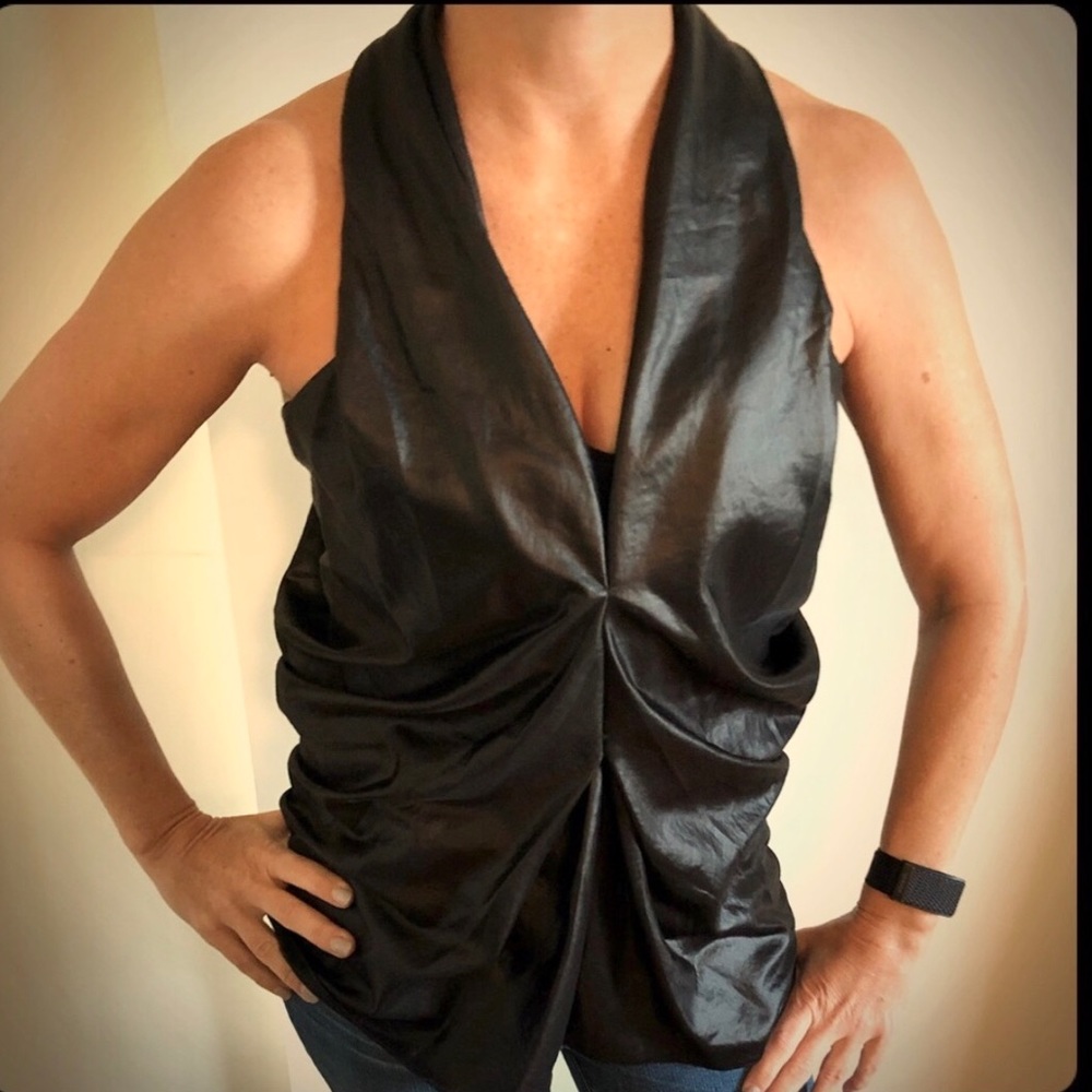 Poleci Black Draped Halter Top | Satin Finish | Chic Evening Look